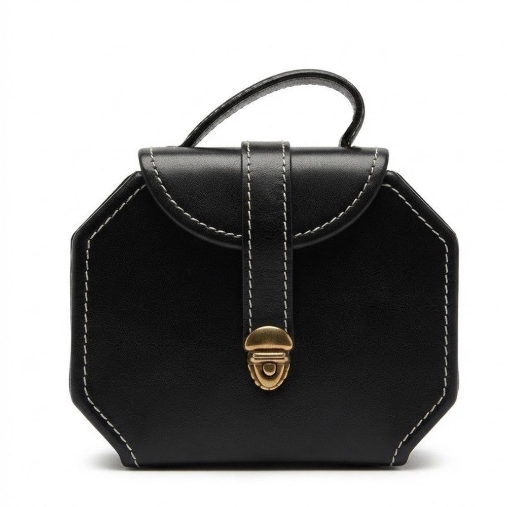 Black Leather Octagonal Jewelry Mini Travel Case Vacation Organizer Adventures